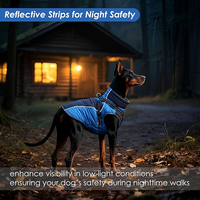ASENKU Reflective Dog Coat with Built-in Harness, Windproof Fleece-Lined Dog Jacket for Small, Medium, Large Dogs, Warm Winter Vest with Turtleneck & Zipper (Navyblue M)