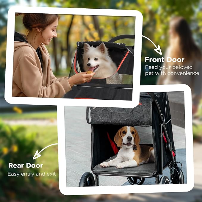 PawHut Dog Stroller for Large Medium Small Dogs up to 66 Lbs. 23.5" in Body Length, One-Click Foldable Pet Cat Stroller with Storage, Shock Absorption Wheels, Mesh Window, Safety Leash, Black