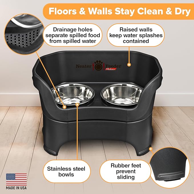 Neater Pet Brands Neater Feeder Deluxe Mess Proof Dog Bowls Elevated for Large Dogs Over 40 lbs, Made in USA, No Spill Raised Dog Food Bowl Stand Feeding Station, Food and Water Bowl Set, Black