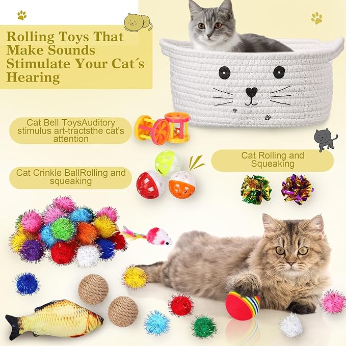 Zopeal 58 Pcs Cat Storage Basket Gift Toys Set, Colorful Flashing Balls Pet Bell Crinkle Balls Spring Toys Attract Cat to Swat, Bite, Hunt, Interactive for Pet(White,9.8 Inch)