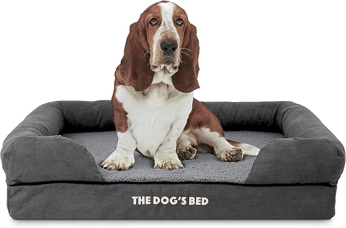 The Dog’s Bed, Large Grey Plush Memory Foam, Pain Relief: Arthritis, Hip & Elbow Dysplasia, Post Surgery, Lameness, Supportive, Calming, Waterproof Washable Cover