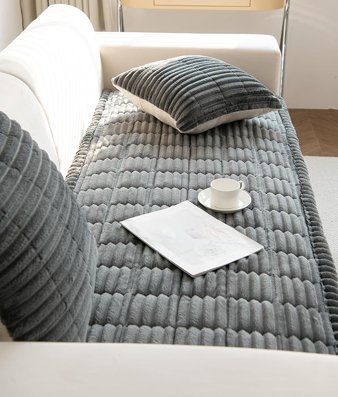 Faux Fur Plush Dog Couch Cover 3D Stripe Fuzzy Sofa Cover Non-Slip Fluffy Dog Bed Cover Pet Blanket Sofa Couch Furniture Protector for Puppy Large Dog Cat (Dark Grey,24"x59")