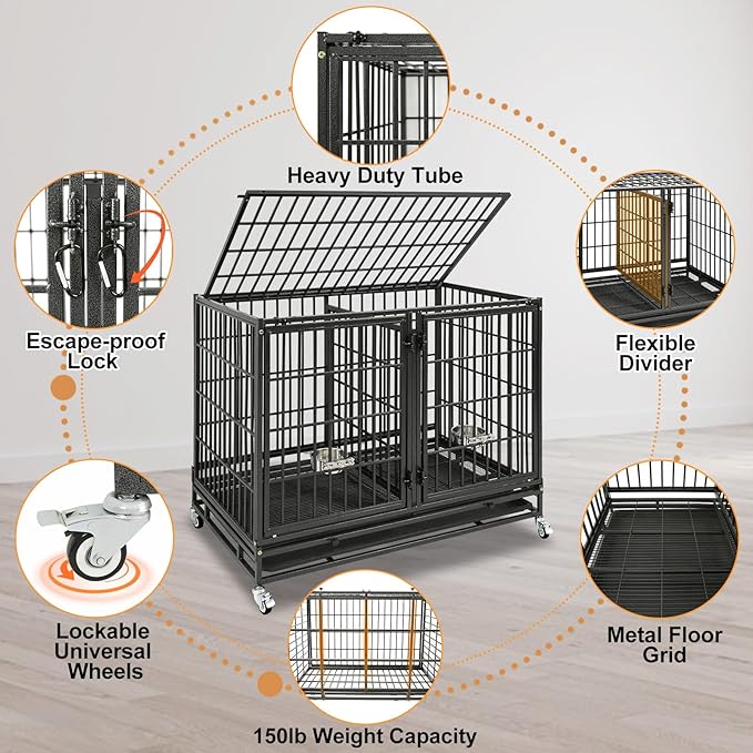 Homey Pet 43 Inch Three Tiers Dog Crate Cage Kennel with Divider, Stackable Heavy Duty Dog Crate for Large Dogs, Escape Proof Indestructible Dog Kennel Indoor with Removable Tray, Lockable Wheels