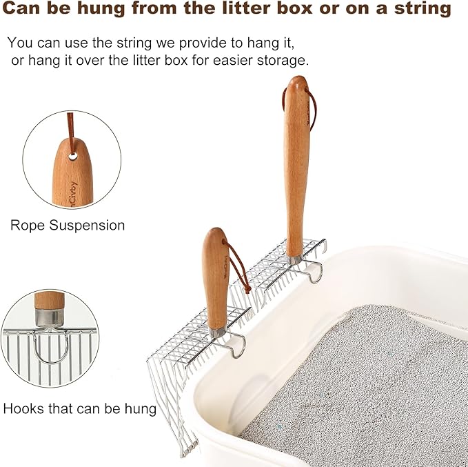 Premium Cat Litter Scoop with Ergonomic Beech Wood Handle - Stainless Steel Sifter with Hook & Hole for Easy Cleaning, Durable & Odor-Free (Steel Wire Long)