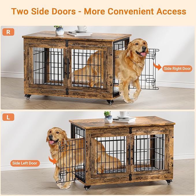 Lulive Dog Crate Furniture Set of 2, Dog Kennel Indoor Double Doors Wooden Dog Cage, 38'' Heavy Duty Dog Crate with Cushion & Wheels, End Table Pet House Chew-Resistant Up to 70 lb, Rustic Brown