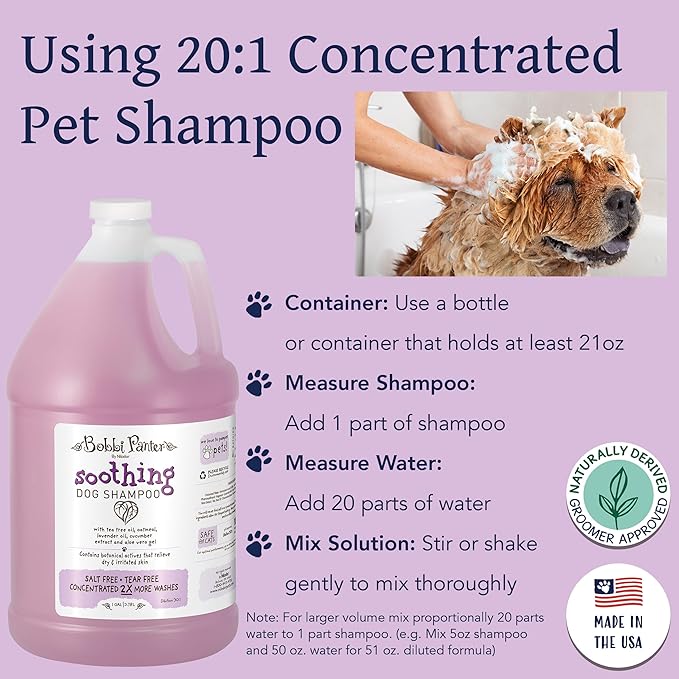 Bobbi Panter Soothing Dog Shampoo, Heals & Soothes Irritated Skin, Lavender Scent - 30:1 Concentrated Formula, Made in The USA, Trusted by Professional Groomers, 1 Gal.