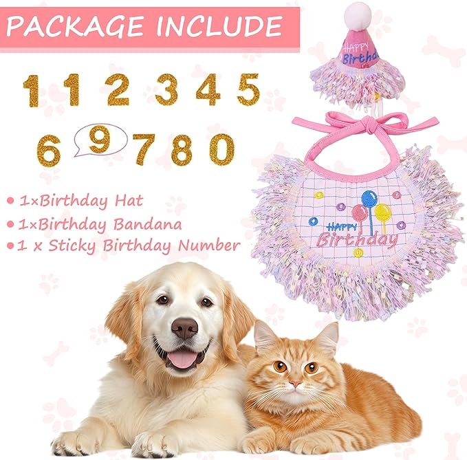 Dog Birthday Party Supplies, Dog Birthday Bandana Set,Bling Boy Girl Party Hat with Numbers for Puppy Large Medium Small Pet (Silver Set, Small)