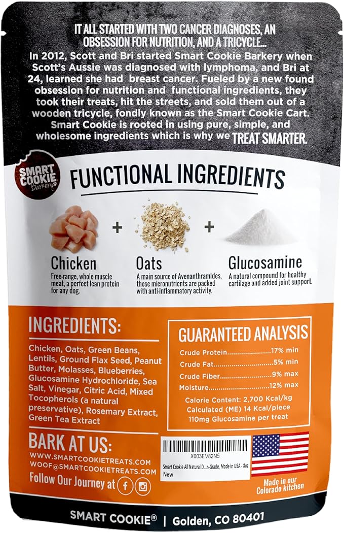 Smart Cookie All Natural Dog Treats - Healthy Hip and Joint Chicken Dog Biscuits with Glucosamine - Ideal for Senior Dogs and Sensitive Stomachs - Dehydrated, Crunchy, Human-Grade, Made in USA - 8oz