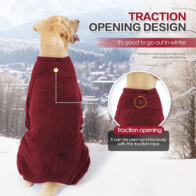 Winter Coat - Warm Fleece Dog Jacket, Windproof Pullover Jumpsuit, Full Body Pajamas Onesie - Cold Weather Clothes for Medium Large Dog (3Xlarge, Red)