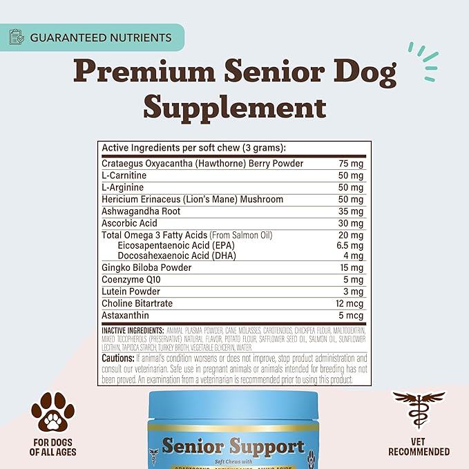 Natural Dog Company Senior Dog Vitamins Chew for Brain, Heart & Eye Health - Cognitive Support, Vision Clarity & Cardiovascular Function with Omega-3s, Lion’s Mane Senior Dog Supplements, 90 cnt