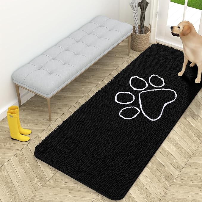 OLANLY Dog Door Mat for Muddy Paws 59x24, Paw Print Design, Absorbs Moisture and Dirt, Absorbent Non-Slip Washable Doormat, Quick Dry Chenille Mud Mat for Dogs, Entry Indoor Entryway Carpet, Black