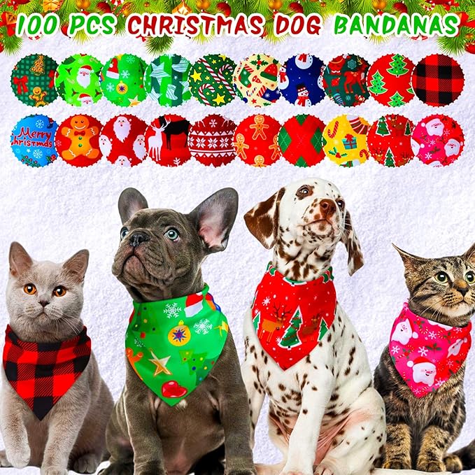 100 Pcs Christmas Dog Bandanas Bulk Xmas Dog Bandanas Adjustable Santa Claus Gingerbread Man Deer Pattern Pet Bibs Triangle Scarf Christmas Holiday Costume for Small Medium Pet Puppy