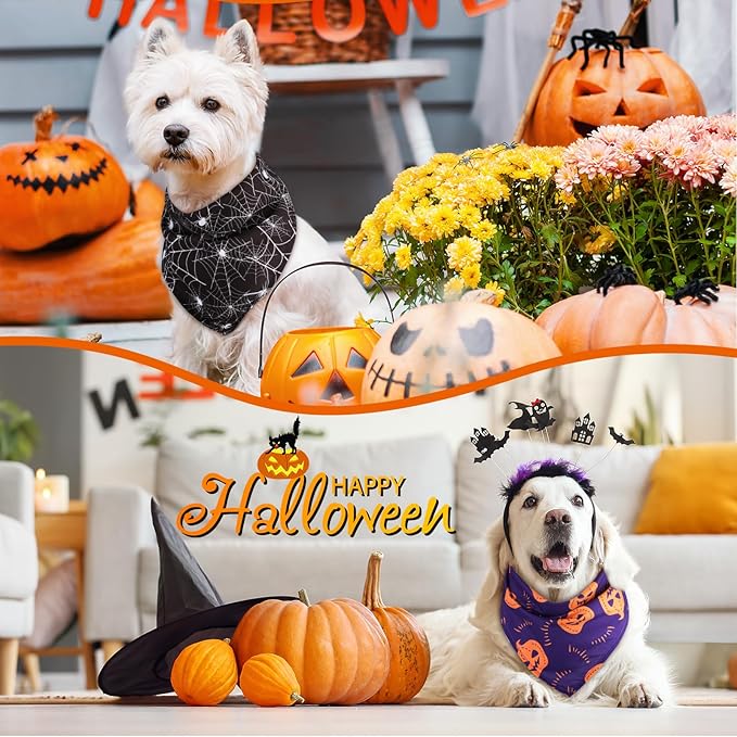 Sanwuta 100 Pcs Halloween Dog Bandanas Bulk Pumpkin Bat Spider Skull Pattern Dog Bandanas for Dogs Triangle Bibs Scarf for Small Medium Large Pet Christmas Costume Accessories(X-Large)