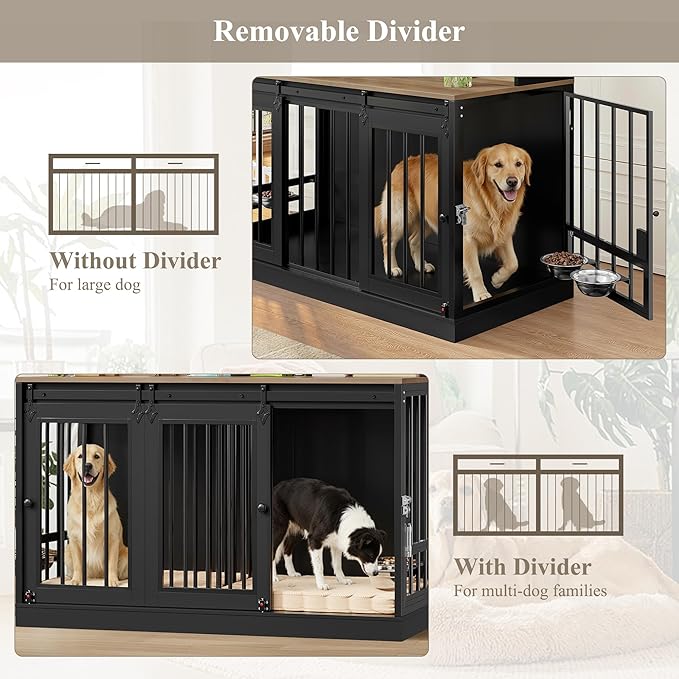 HOSTACK 71" Tall Dog Crate Furniture, 55" W Dog Kennel with Storage Hutch, XL Dog Crate for 2 Dogs with Feeding Bowls, Indoor Heavy Duty Dog Cage with Removable Room Divider, Wooden Pet House, Black