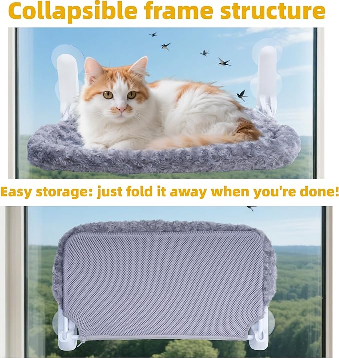 Cat Window Perch, Cordless Foldable Cat Hammock Bed with 4 Suction Cups, Embeded Machine Washable Bed for Indoor Cats, Strong Metal Frame Holds 40lbs (Grey,Cotton Binding)