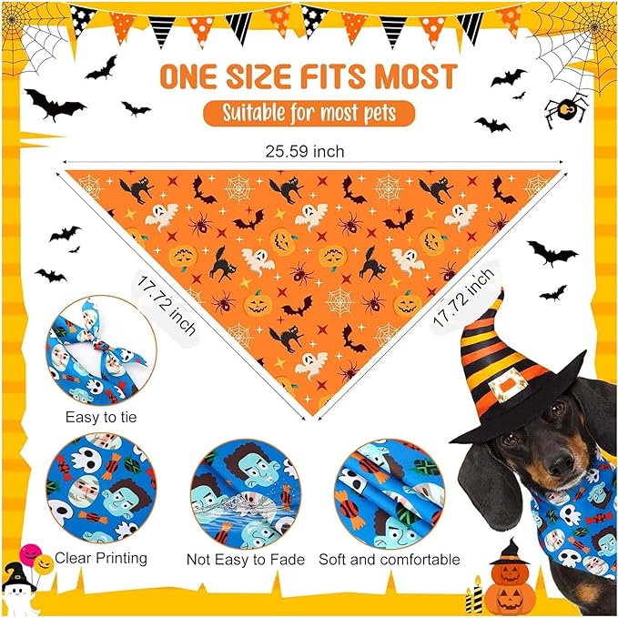 120 Pcs Halloween Dog Bandanas Bulk Pumpkin Ghosts Skeleton Pet Bandanas Dog Handkerchiefs Halloween Scarf Bibs Triangle Bibs Adjustable Kerchief Pet Grooming Costume Accessories