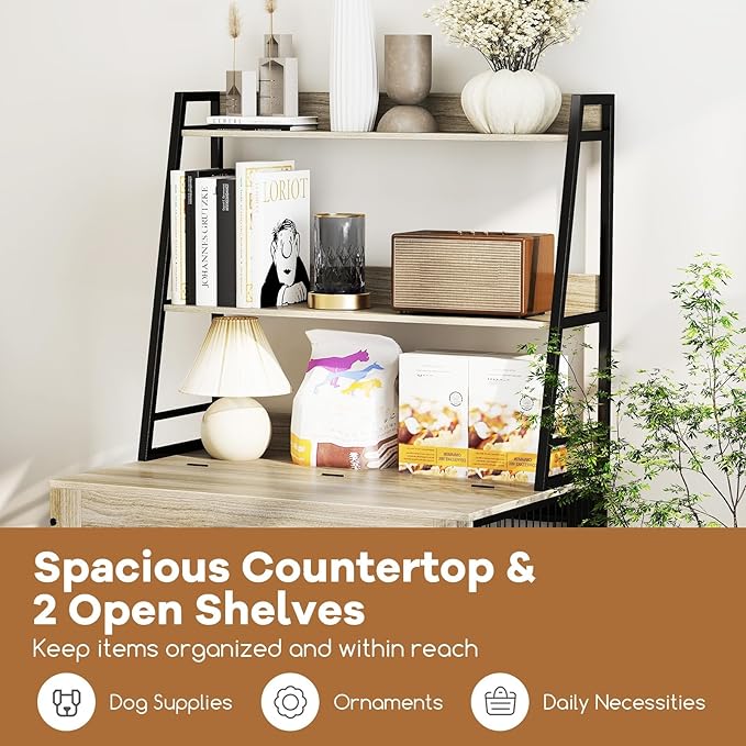 Giantex Dog Crate Furniture with Storage Shelves, 38" Furniture Style Indoor Dog Kennel on Wheels, 3 Doors, Flip Top Lid, Removable Pull-Out Tray, Dog Cage Pet House for Large Dogs, Oak Gray