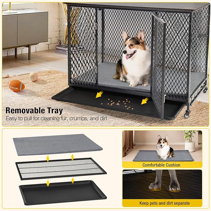 Aivituvin Dog Crate Furniture Movable Side End Table Indoor Dog Kennel for Small Medium Large Dogs Double-Doors Wooden Dog House with Cushion, Tray, Wire Floor(27.2")