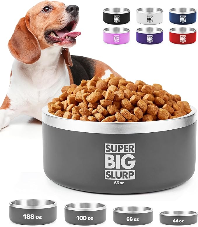 Tuff Pupper Heavy Duty Insulated Dog Bowl | Double Wall Stainless Steel Dog Food Dish | Non-Slip Spill Proof Dishwasher Safe Cat Bowl | Water Dish for Feeding Large Medium Small Pets (66oz, Grey)