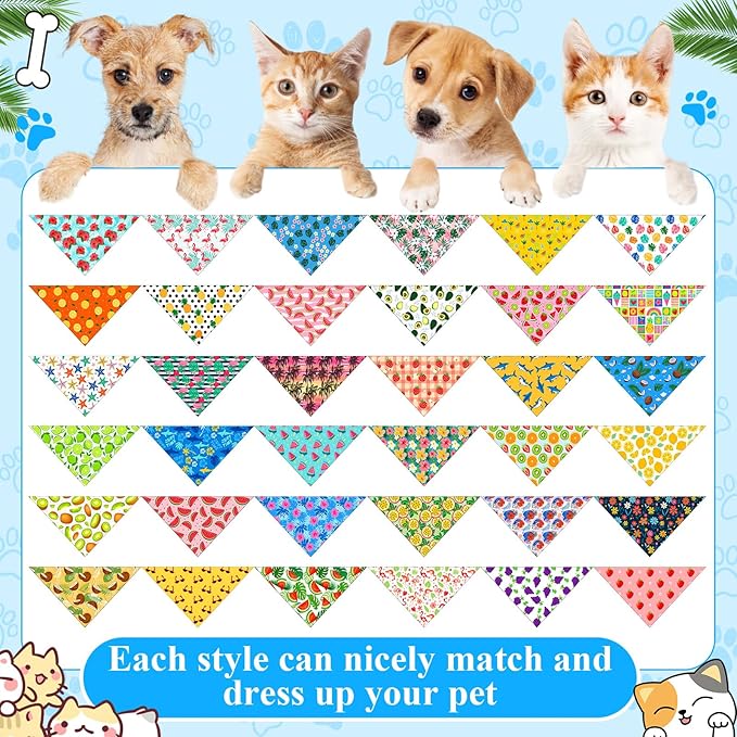 Sanwuta 72 Pcs Dog Bandana Bulk Washable Puppy Triangle Scarfs Cat Bandanas Adjustable Soft Cute Pet Triangle Bibs Accessories for Small Medium Dogs Cats Pets Costume(Summer Pattern)