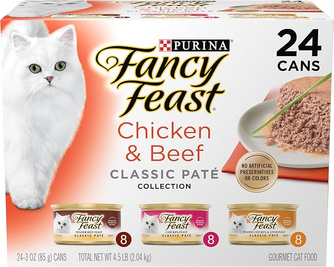 Purina Fancy Feast Chicken and Beef Classic Pate Collection Grain Free Wet Cat Food Variety Pack - (Pack of 24) 3 Oz. Pull-Top Cans