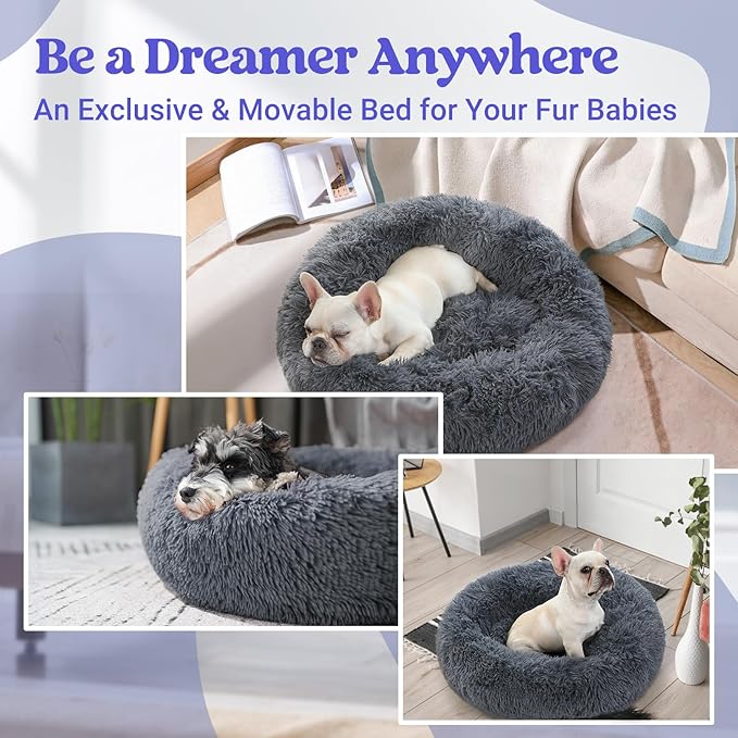rabbitgoo Dog Bed for Small, 24 inches Machine Washable, Fluffy Donut Pet Bed Anti-Slip, Calming Soft Plush Round Cushion, Fits up to 18 lbs Pets, Dark Grey