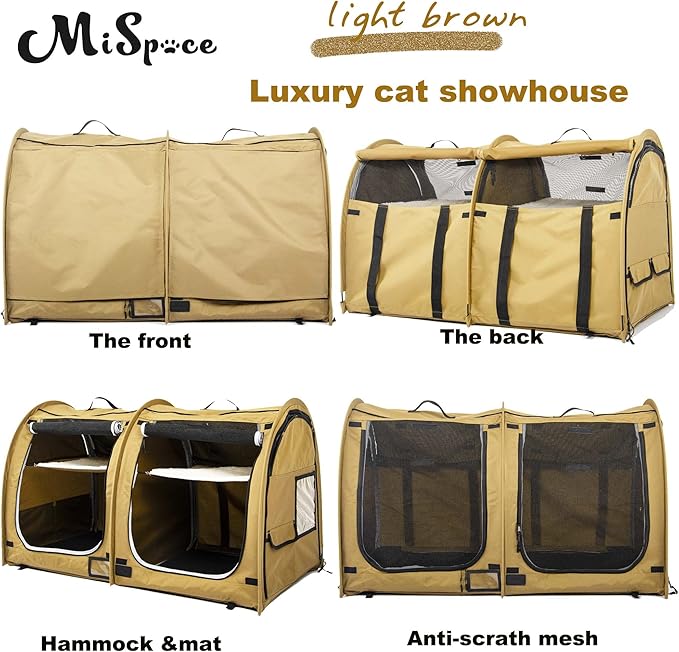 porayhut Mispace Portable Twin Compartment Show House Cat Cage/Condo - Easy to Fold & Carry Kennel - Comfy Puppy Home & Dog Travel Crate with Portable Carry Bag/Hammocks/Mats and Litter Box
