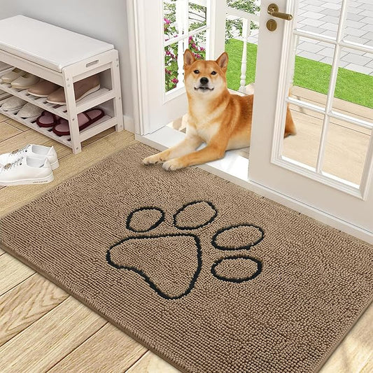OLANLY Dog Door Mat for Muddy Paws 48x30, Paw Print Design, Absorbs Moisture and Dirt, Absorbent Non-Slip Washable Doormat, Quick Dry Chenille Mud Mat for Dogs, Entry Indoor Entryway Carpet, Tan