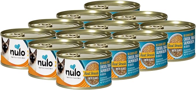 Nulo Grain-Free Real Shreds with Flakes Wet Canned Cat & Kitten Food, Chicken, Tuna, and Salmon in Broth, 2.8 Ounce, 12 Cans