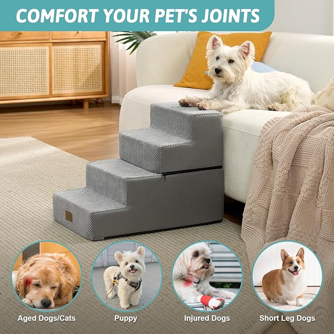 Dog Stairs for Small Dogs, 4 Tier Removable Wider Pet Stairs for Couch and Bed, 17.7" H Dog Steps for Old Cats, Puppy, Small Dogs, 17.7x23.6x17.7 inch, Gray