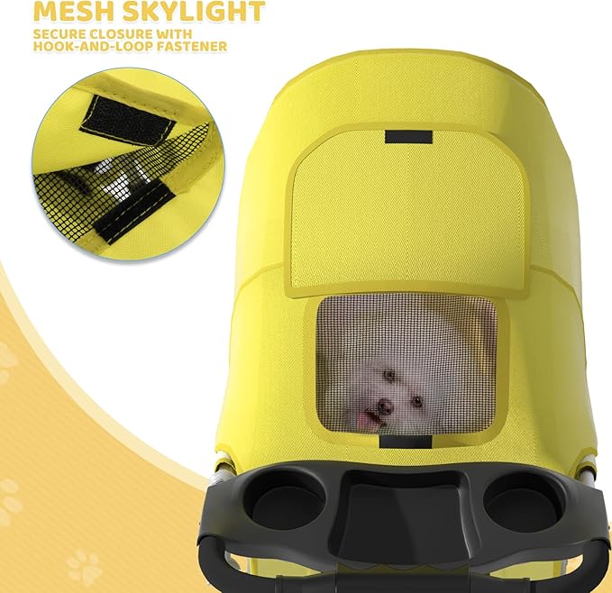 Magshion 3-Wheel Pet Stroller, Foldable Travel Jogger for Small & Medium Dogs & Cats (Up to 33lbs), Lightweight Carrier with Breathable Mesh Cover, Cup Holder & Storage Basket, Yellow
