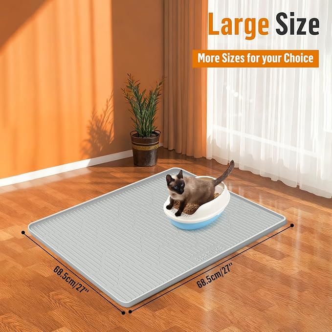 Silicone Cat Litter Mat, 27" x 27" Large Cat Litter Box Mat Litter Trapping Mat for Scatter Control, Waterproof, Soft on Kitty Paws, Clean Floor (Grey)