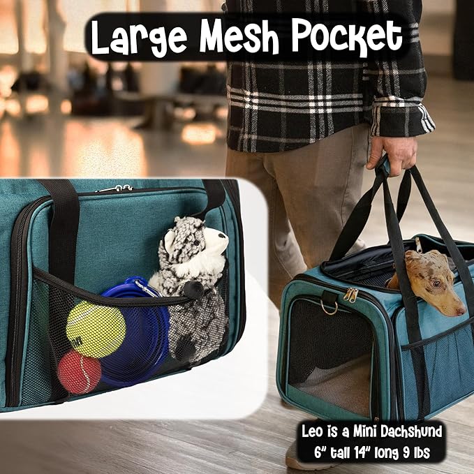 Pet Carrier with Wheels | Delta American Frontier Airline Approved | Two Expandable Sides, Storage Pockets Adjustable Leash | Rolling Dog and Cat Carrier TSA Compliant (Blue 17x12.5x11)