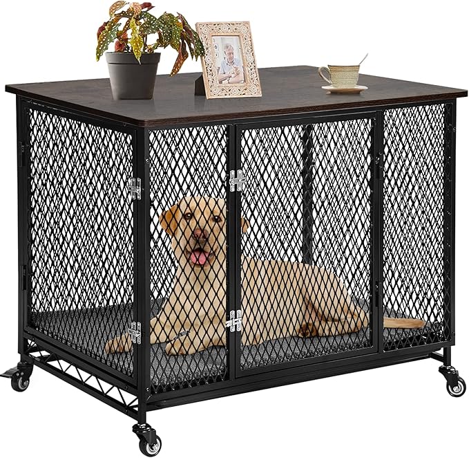 Aivituvin Dog Crate Furniture Movable Side End Table Indoor Dog Kennel for Small Medium Large Dogs Double-Doors Wooden Dog House with Cushion, Tray, Wire Floor(38.6")