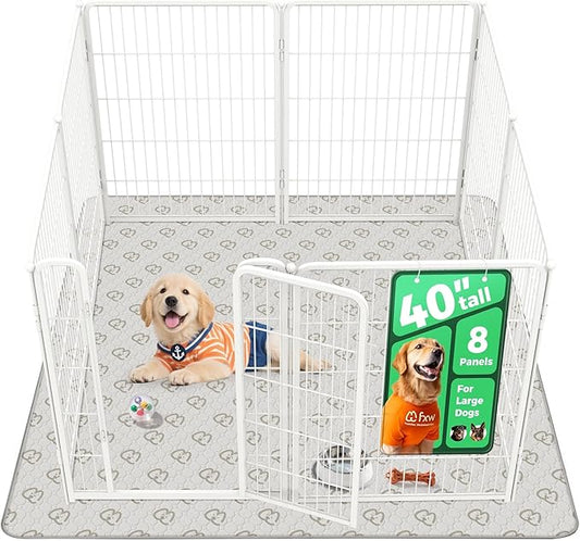 FXW Homeplus Unleashed Indoor Dog Playpen - Stress-Free and Safe Play, Heavy Duty 40 Inch 8 Panels with Washable Pee Pad for Medium and Large Dogs, White│Patented