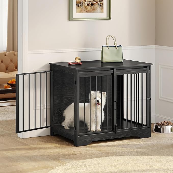 31.9" Dog Crate Furniture with Barn Door, Heavy Duty Dog Kennel Indoor with 2 Doors, Wooden Pet Cage End Table for Small Medium Dogs up to 44 lb, Anti-Chew Anti-Escape, Black DFC83604B