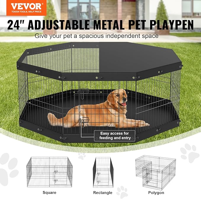 VEVOR Foldable Metal Dog Exercise Pen, Pet Playpen Dog Fence for Camping with Top Cover and Bottom Pad, 24" H 8 Panels, Puppy Crate Kennel Indoor Outdoor for Medium Dogs, Both for Home&Yard
