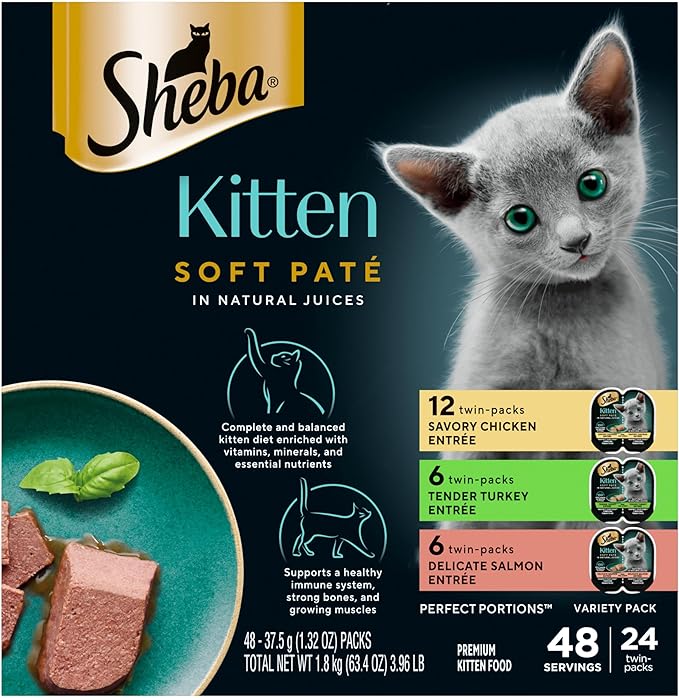 Sheba Perfect Portions Kitten Wet Cat Food Pate Chicken Entree, Salmon Entree, and Turkey Entree, 2.6 oz. Twin-Pack Trays (24 Count, 48 Servings)