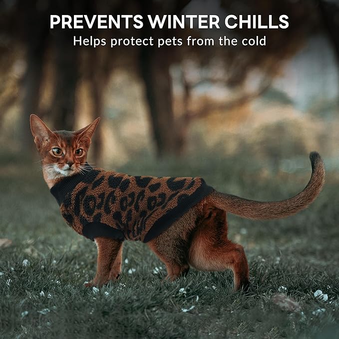 PUMYPOREITY Cozy Fleece Cat Sweater - Stretchy & Warm Knitted Cat Shirt, Super Soft Kitten Sweater, Machine Washable Pet Clothing for Comfort & Style, Brown, XL