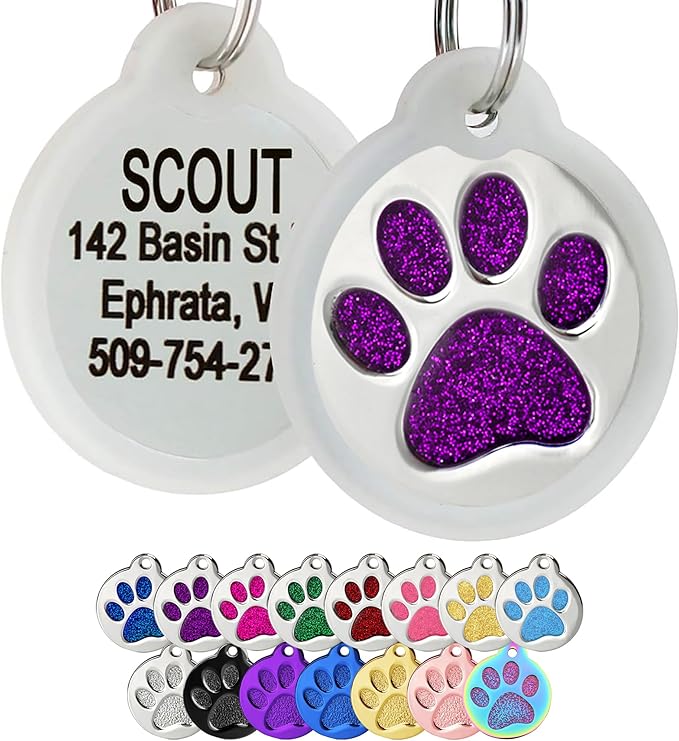 GoTags Paw Print Round Stainless Steel Pet Tag for Dogs and Cats, Personalized with 4 Lines of Custom Engraved ID with Silencer, in Stainless Steel and 15 Colors Small and Large, Glitter Purple