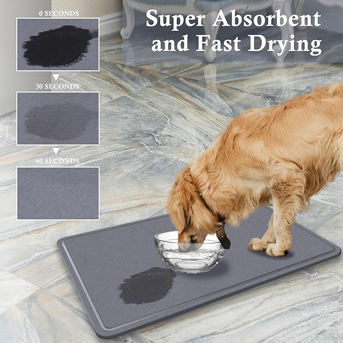 Extra Large Stone Dog Food Mat,Absorbent Cat Dog Mat for Food and Water, Quick Drying Pet Feeding Mat, Anti-Slip Diatomaceous Earth Dog Bowl Mat for Messy Drinkers,Dark Grey 23.6''x15.35''