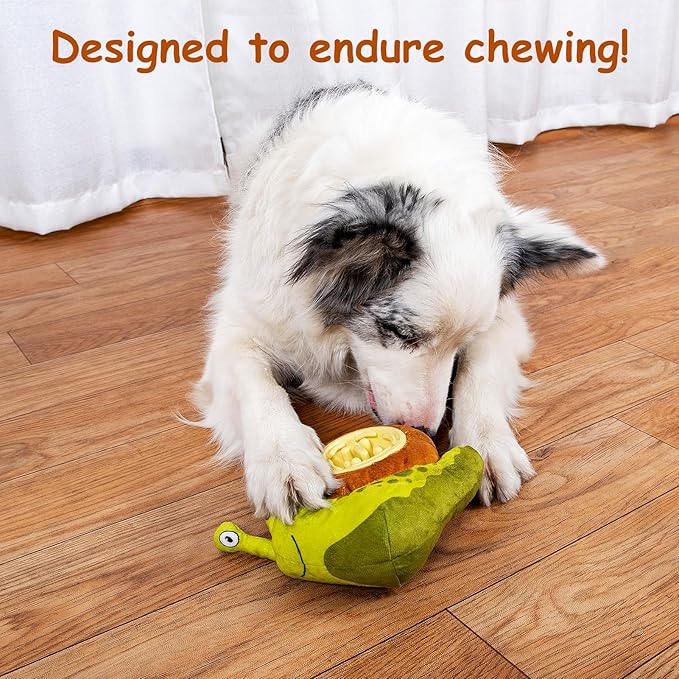 Hollypet Squeaky Plush Stuffed Dog Puzzle Toy with Slow Feeder Bowl, Interactive Chew Toy for Small and Medium Dogs, Snail