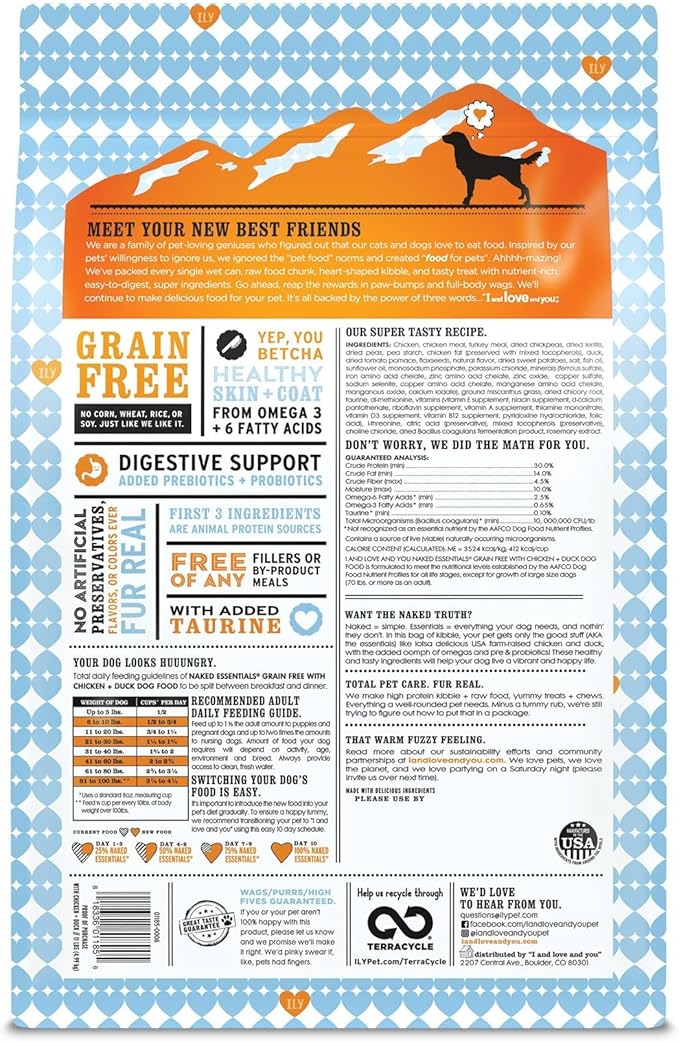 I and love and you Naked Essentials Dry Dog Food - Chicken + Duck - High Protein, Real Meat, No Fillers, Prebiotics + Probiotics, 11lb Bag