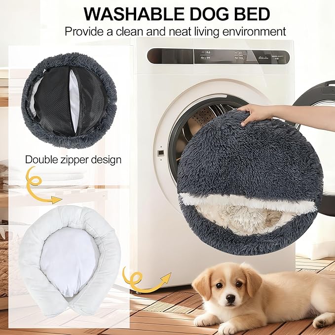 Calming Dog Beds & Cat Cave Bed with Hooded Cover,Removable Washable Round Beds for Small Medium Pets,Anti-Slip Faux Fur Fluffy Coved Bed for Improved Sleep,Fits up to 15/25 lbs(Dark Grey,24"x24")