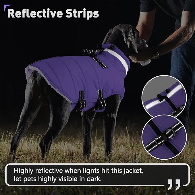 Dogcheer Dog Coat with Harness, Waterproof Dog Jacket Adjustable Winter Coat with Zipper, Christmas Puppy Snow Jacket Fleece Sweater for Small Medium Large Dogs - Taro Purple M