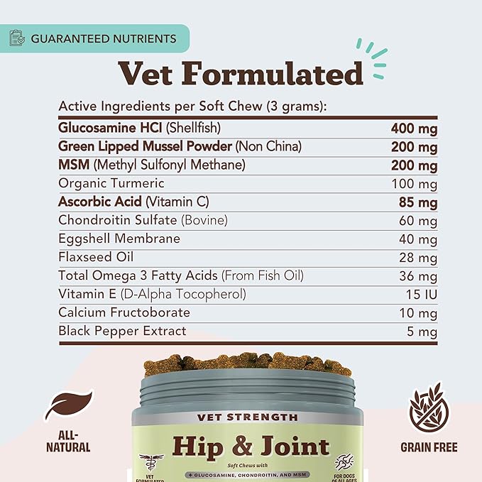 Natural Dog Company Vet Strength Hip & Joint Chews for Senior Dogs (90ct) Joint & Flexibility Support, Arthritis Relief for Senior Dogs, 1.3X Glucosamine, 2X Green Lipped Mussel & MSM for Dog Mobility