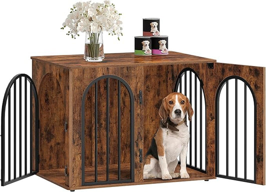 31.5'' Wooden Dog Crate Furniture, Indoor Dog Kennel Dogs Cage for Small/Medium Dogs, Heavy Duty Dog Crates Decorative Pet House End Side Table TV Stand, Rustic Brown DFC85101B