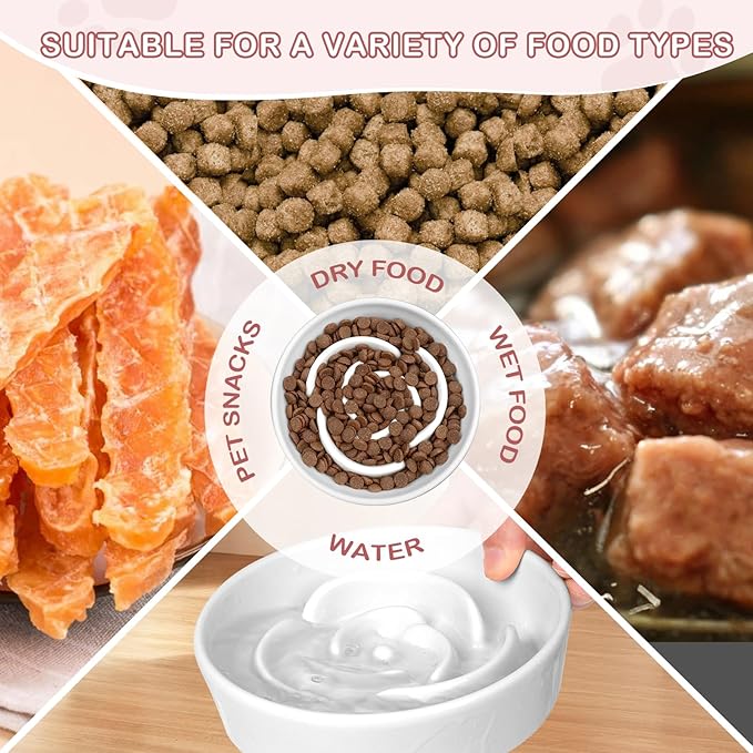 TRUVIC Ceramic Slow Feeder Dog Bowls Small Breed, 0.6 Cup Slow Feeder Cat Bowls for Fast Eaters, Ceramic Dog Food Dish no Black Chin, Puzzle Bowl for Small Dogs and Cats, White