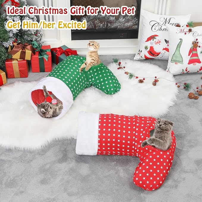 Pawaboo Cat Tunnel Christmas Sock with Bell Balls, Upgraded 2 Way Cat Tunnel Interactive Toy for Christmas, Pet Xmas Stocking with Crinkle Paper & Strong Spring-steel Frame for Cat Kitten Kitty, Green