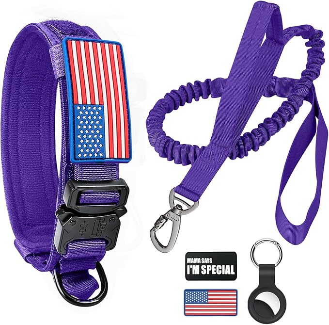 Tactical Dog Collar and Bungee Leash,Military Dog Collar & Leash Set with USA American Flag Adjustable K9 Collar with Heavy Duty Metal Buckle & Handle,with Patches and Airtags Case (Purple, L)
